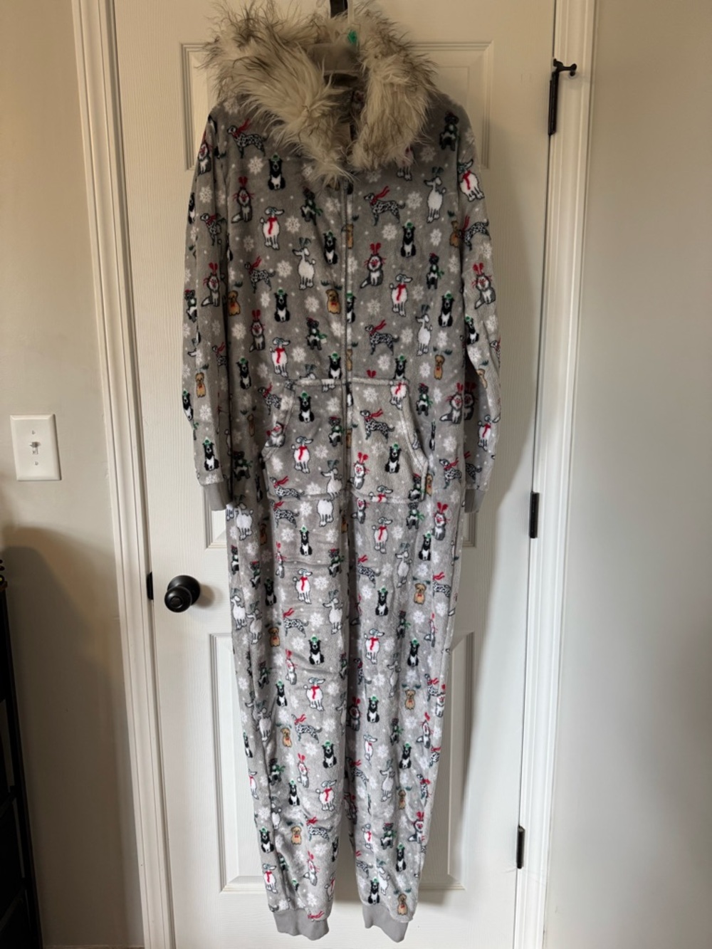 Grey Hooded Onesie Pajamas with Faux Fur Trim